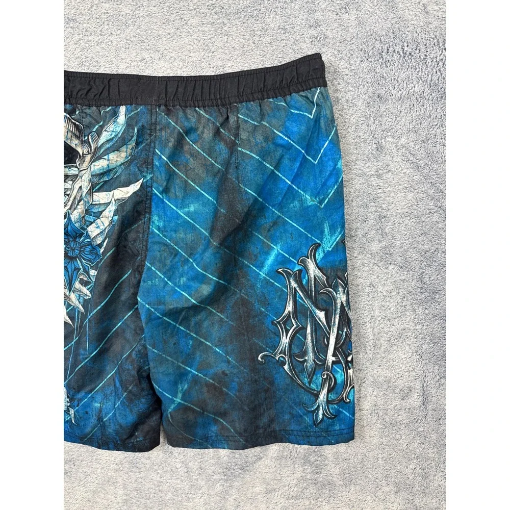 MMA Elite Mens Size M Blue Board Shorts Graphic Cross Wing Swim Trunks